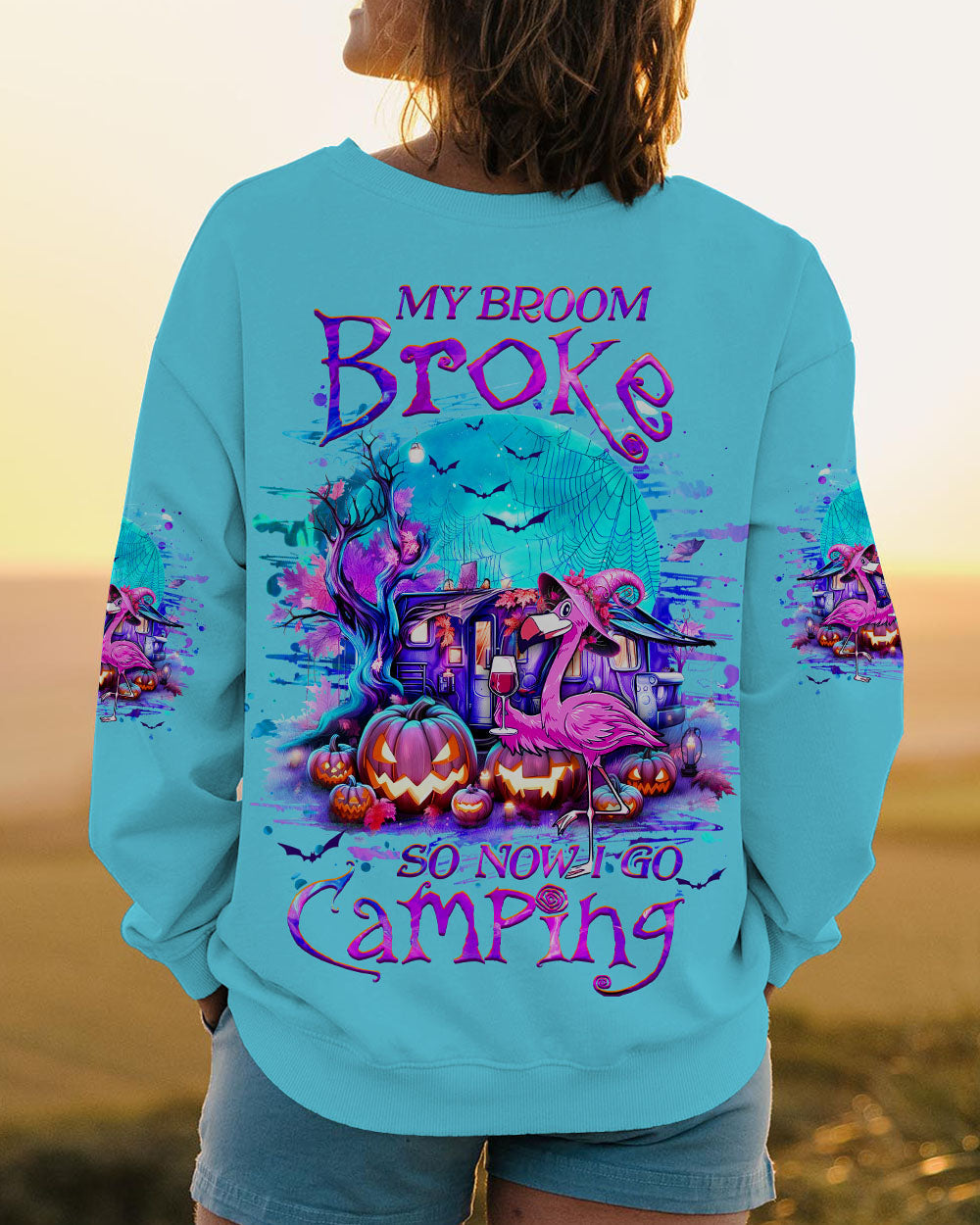 BLISSCORNERS MY BROOM BROKE SO NOW FLAMINGO HALLOWEEN CAMPING ALL OVER PRINT