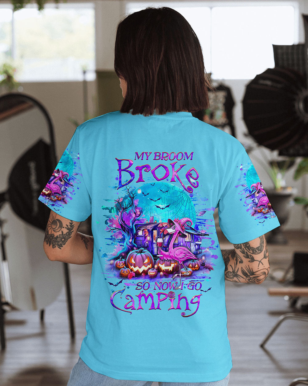 BLISSCORNERS MY BROOM BROKE SO NOW FLAMINGO HALLOWEEN CAMPING ALL OVER PRINT