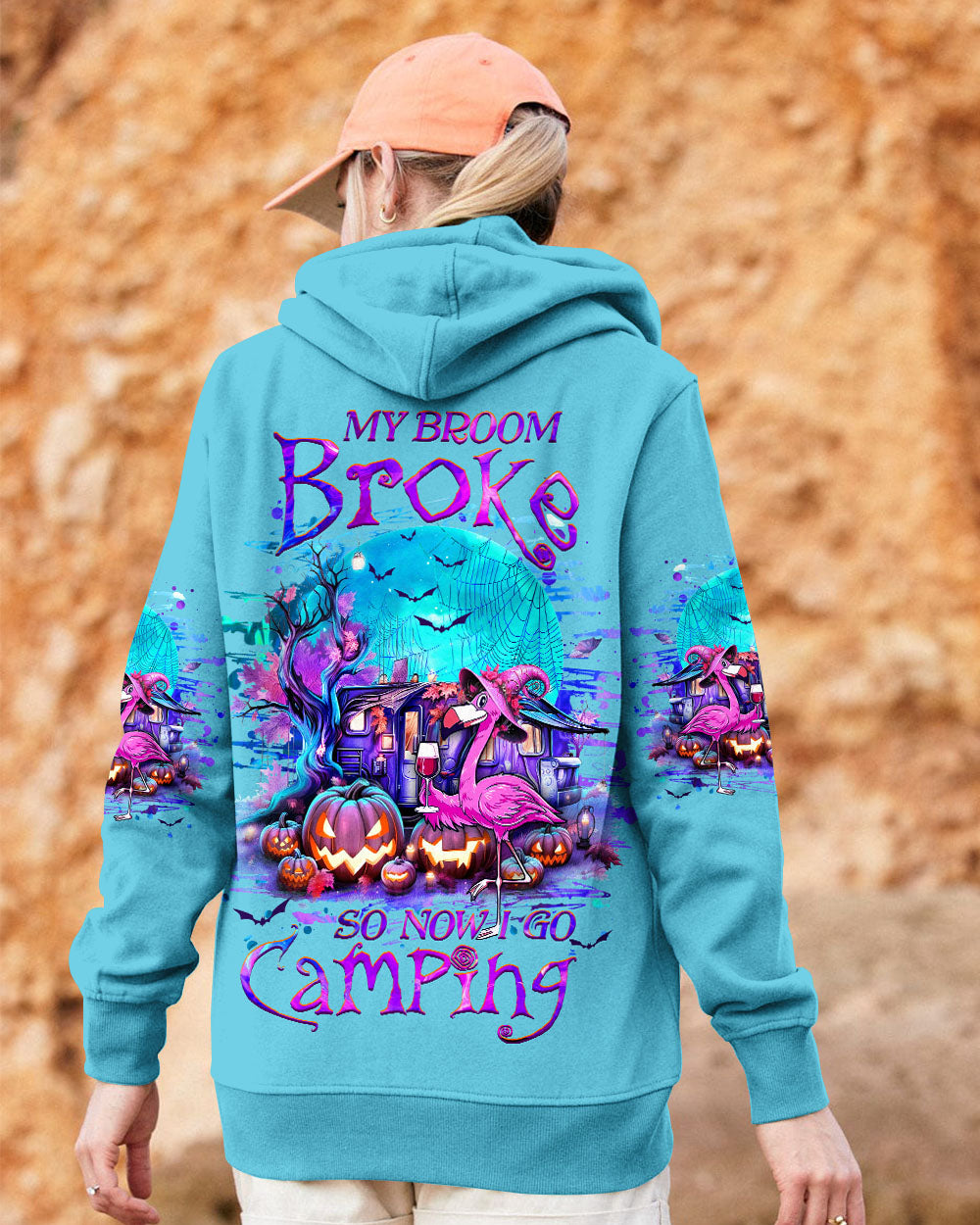 BLISSCORNERS MY BROOM BROKE SO NOW FLAMINGO HALLOWEEN CAMPING ALL OVER PRINT