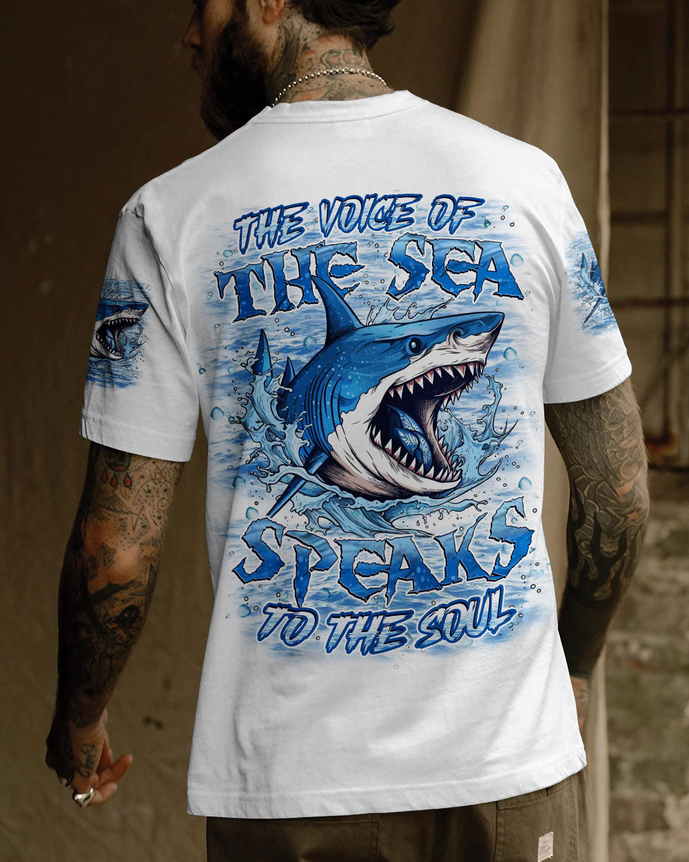 BLISSCORNERS THE VOICE OF THE SEA SPEAKS TO THE SOUL SHARK ALL OVER PRINT