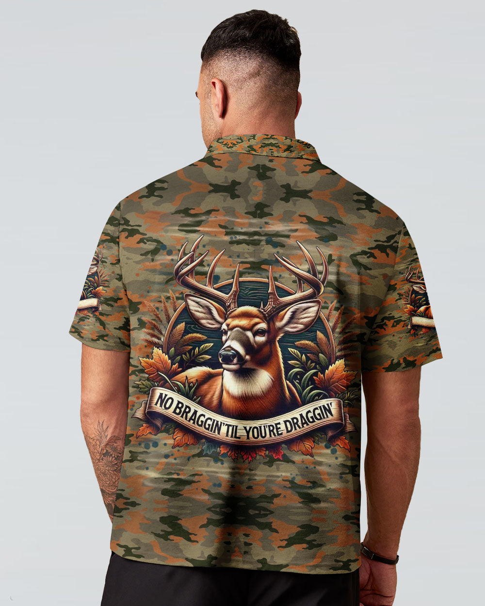 BLISSCORNERS NO BRAGGING UNTIL YOU'RE DRAGGING HUNTING ALL OVER PRINT