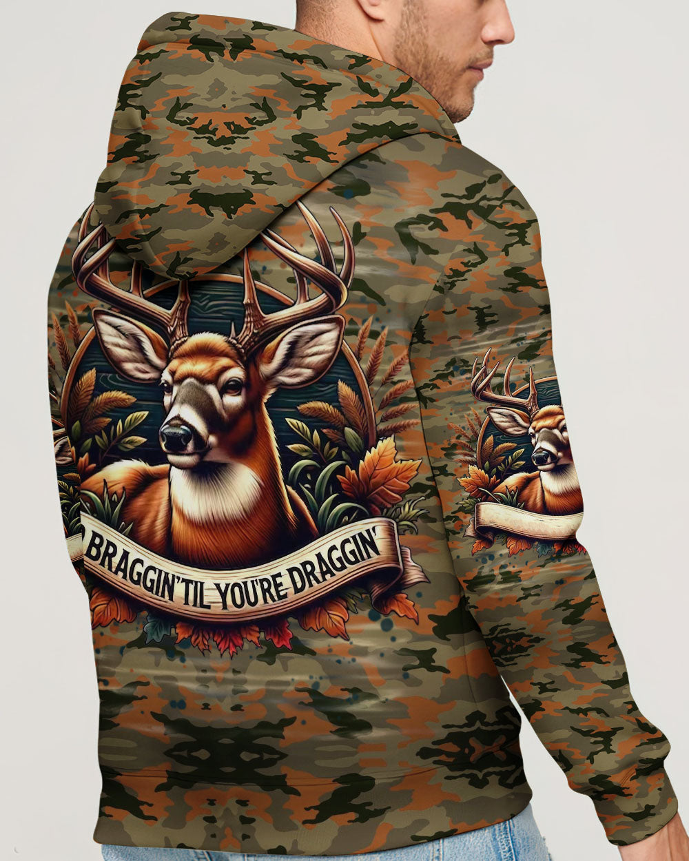 BLISSCORNERS NO BRAGGING UNTIL YOU'RE DRAGGING HUNTING ALL OVER PRINT