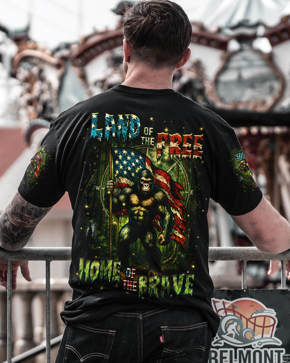 BLISSCORNERS HOME OF THE BRAVE LAND OF THE FREE BIGFOOT ALL OVER PRINT