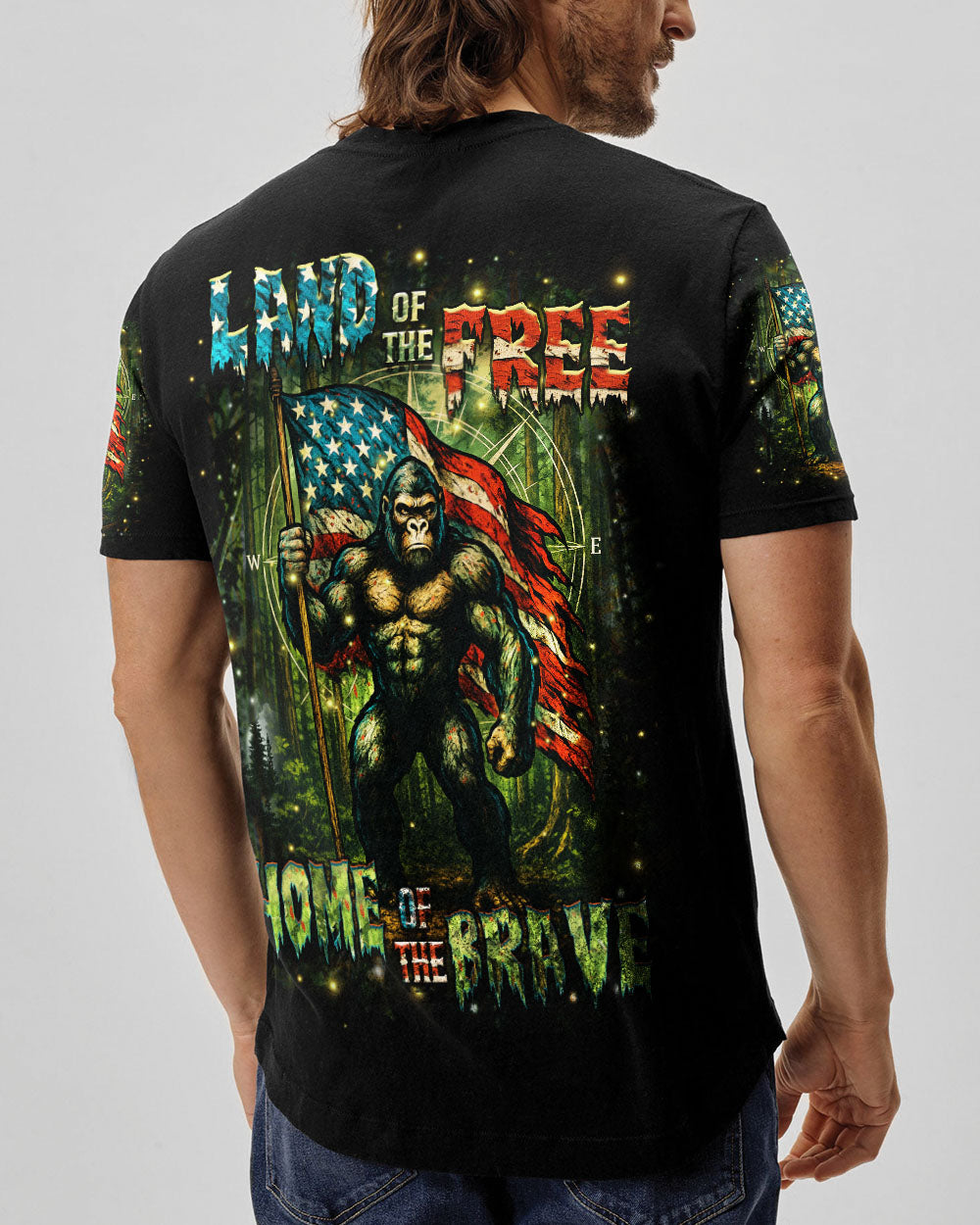 BLISSCORNERS HOME OF THE BRAVE LAND OF THE FREE BIGFOOT ALL OVER PRINT