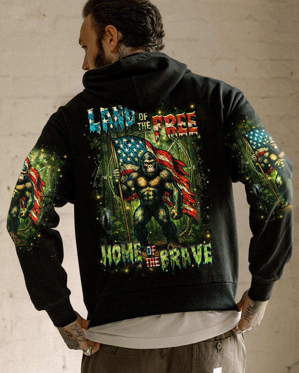 BLISSCORNERS HOME OF THE BRAVE LAND OF THE FREE BIGFOOT ALL OVER PRINT