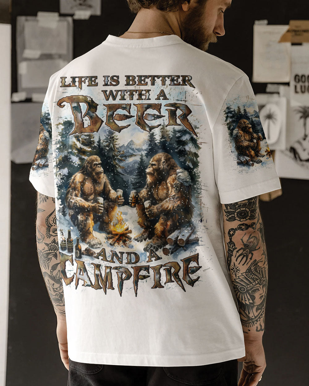 BLISSCORNERS LIFE IS BETTER WITH A BEER AND A CAMPFIRE BIGFOOT ALL OVER PRINT