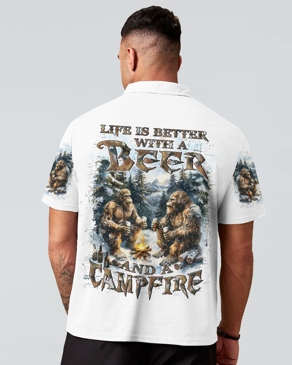 BLISSCORNERS LIFE IS BETTER WITH A BEER AND A CAMPFIRE BIGFOOT ALL OVER PRINT