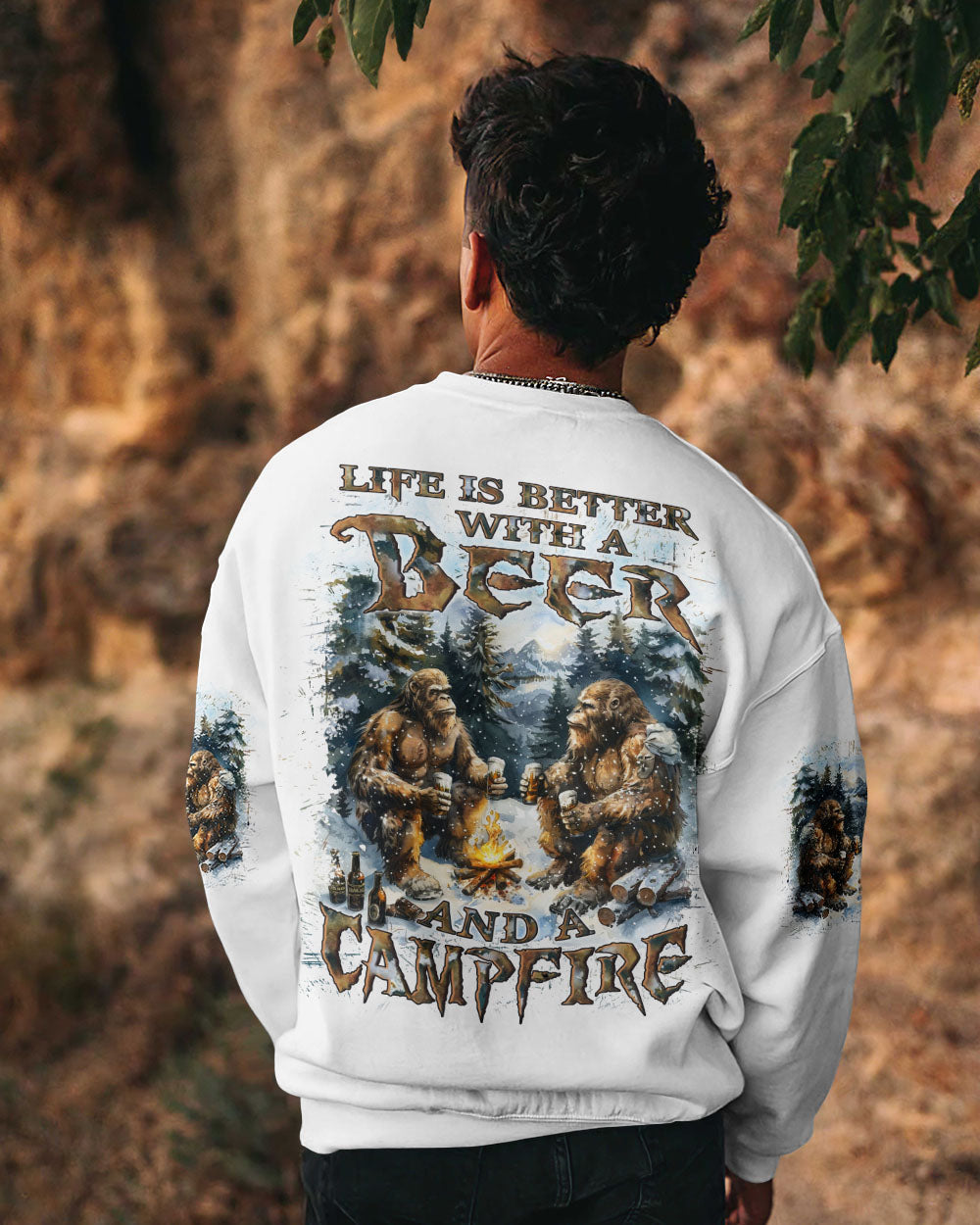 BLISSCORNERS LIFE IS BETTER WITH A BEER AND A CAMPFIRE BIGFOOT ALL OVER PRINT