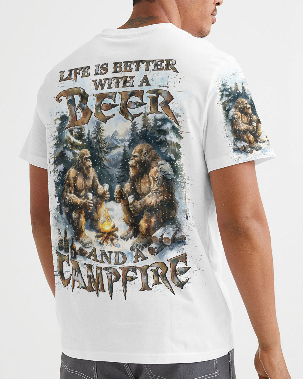 BLISSCORNERS LIFE IS BETTER WITH A BEER AND A CAMPFIRE BIGFOOT ALL OVER PRINT