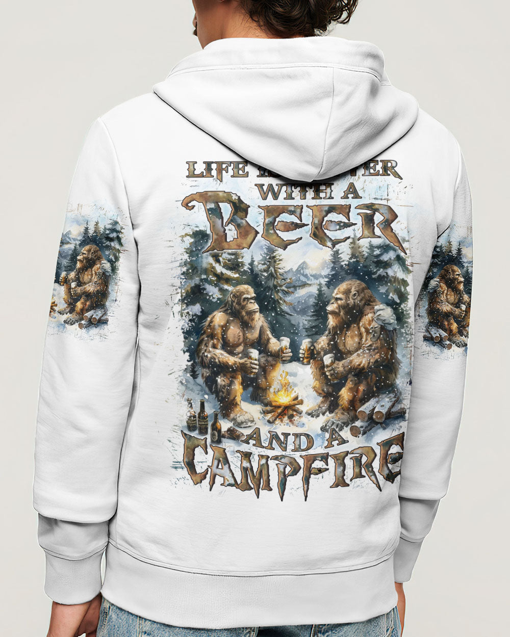 BLISSCORNERS LIFE IS BETTER WITH A BEER AND A CAMPFIRE BIGFOOT ALL OVER PRINT