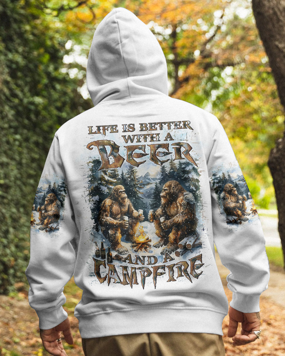 BLISSCORNERS LIFE IS BETTER WITH A BEER AND A CAMPFIRE BIGFOOT ALL OVER PRINT