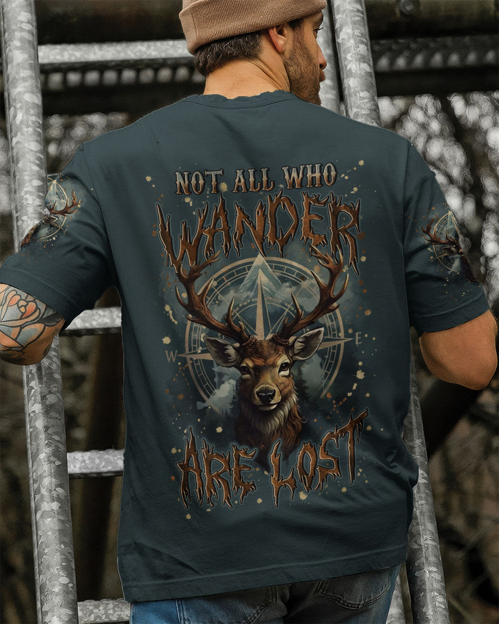 BLISSCORNERS NOT ALL WHO WANDER ARE LOST DEER COMPASS ALL OVER PRINT