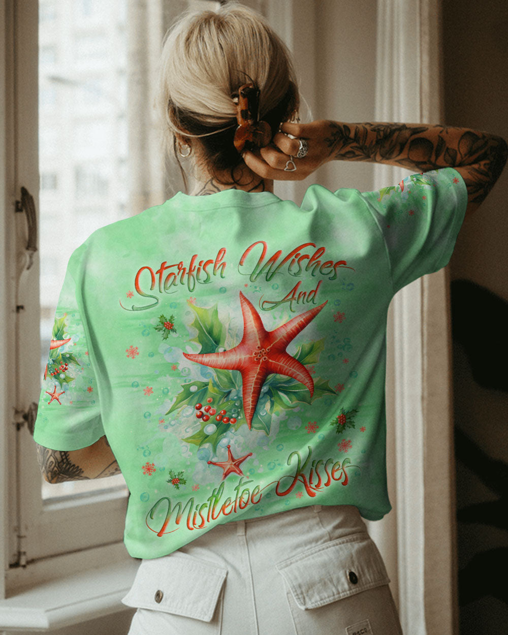 BLISSCORNERS STARFISH WISHES AND MISTLETOE KISSES CHRISTMAS ALL OVER PRINT