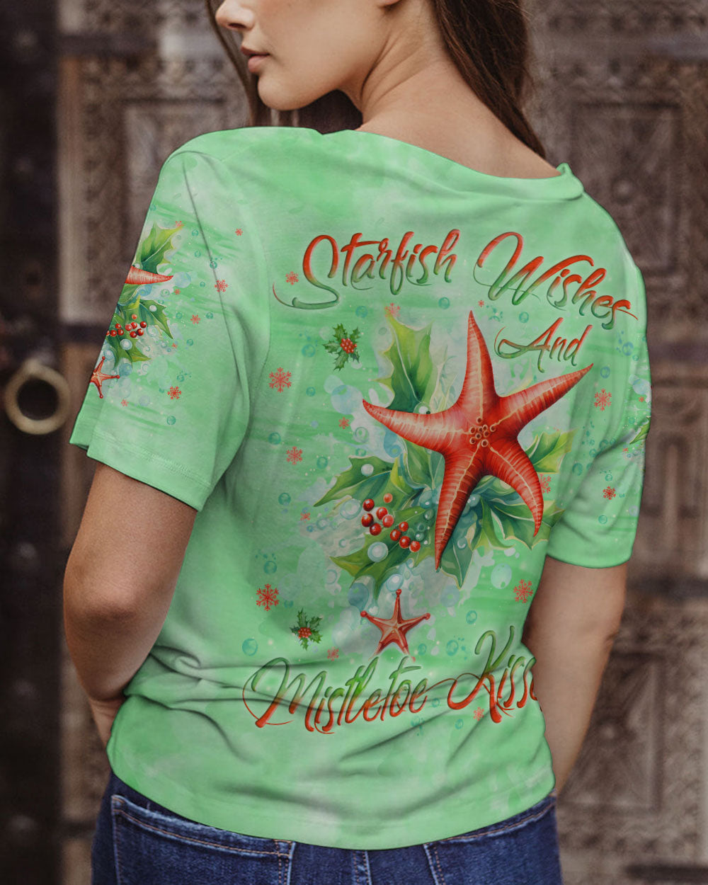 BLISSCORNERS STARFISH WISHES AND MISTLETOE KISSES CHRISTMAS ALL OVER PRINT