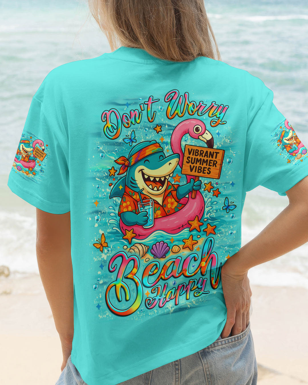 BLISSCORNERS DON'T WORRY BEACH HAPPY SHARK ALL OVER PRINT