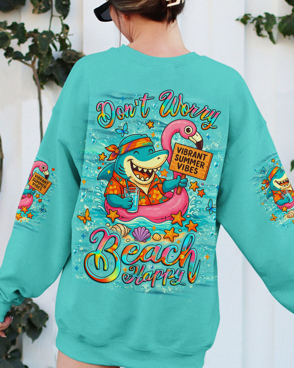 BLISSCORNERS DON'T WORRY BEACH HAPPY SHARK ALL OVER PRINT