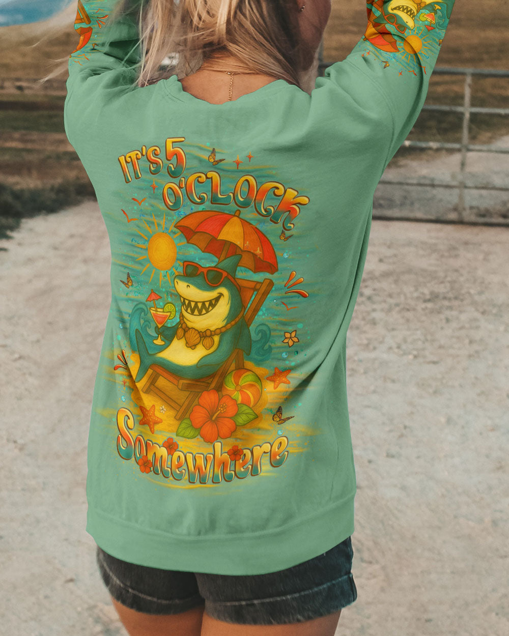 BLISSCORNERS IT'S 5 O'CLOCK SOMEWHERE SHARK ALL OVER PRINT