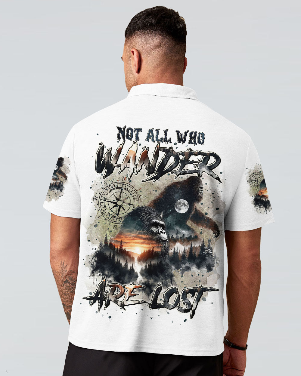 BLISSCORNERS NOT ALL WHO WANDER ARE LOST BIGFOOT COMPASS ALL OVER PRINT