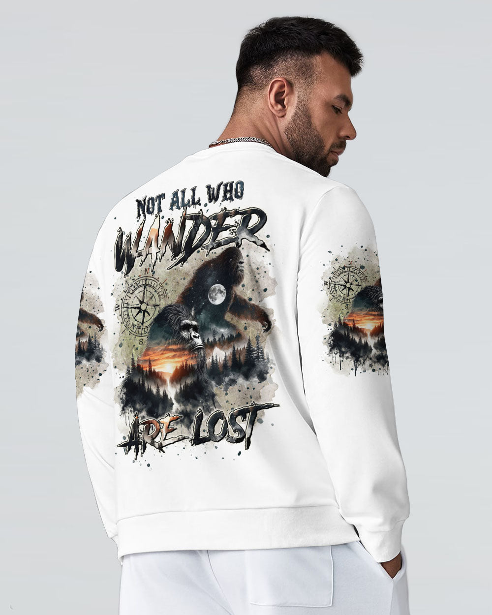 BLISSCORNERS NOT ALL WHO WANDER ARE LOST BIGFOOT COMPASS ALL OVER PRINT