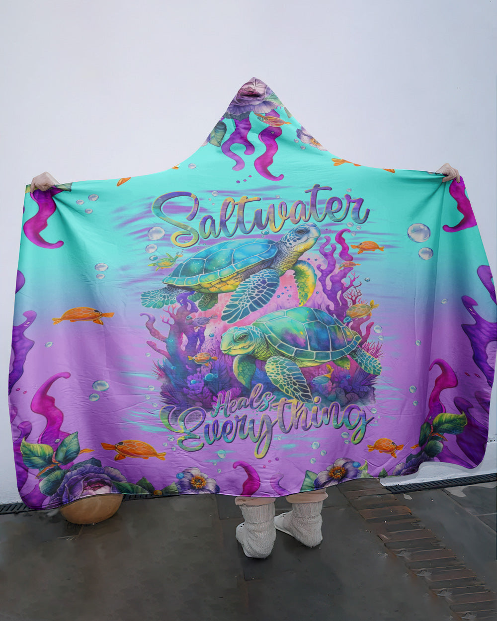 BLISSCORNERS SALTWATER HEALS EVERYTHING TURTLE SHERPA BLANKET HOODIE