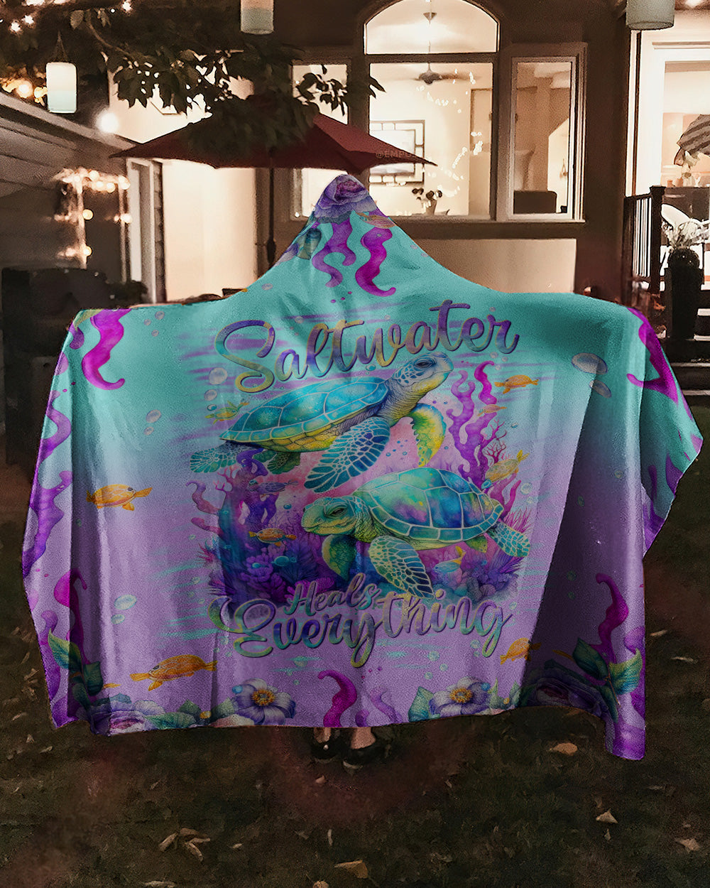 BLISSCORNERS SALTWATER HEALS EVERYTHING TURTLE SHERPA BLANKET HOODIE