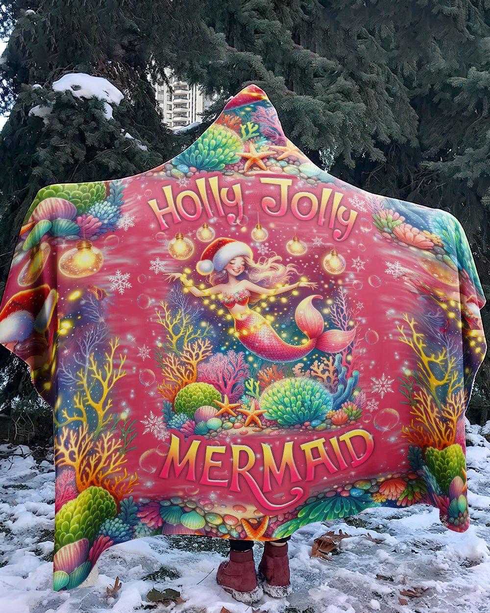 BLISSCORNERS HOLLY JOLLY MERMAID CHRISTMAS SHERPA BLANKET HOODIE