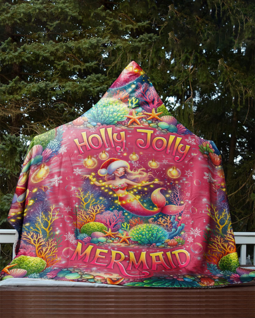 BLISSCORNERS HOLLY JOLLY MERMAID CHRISTMAS SHERPA BLANKET HOODIE