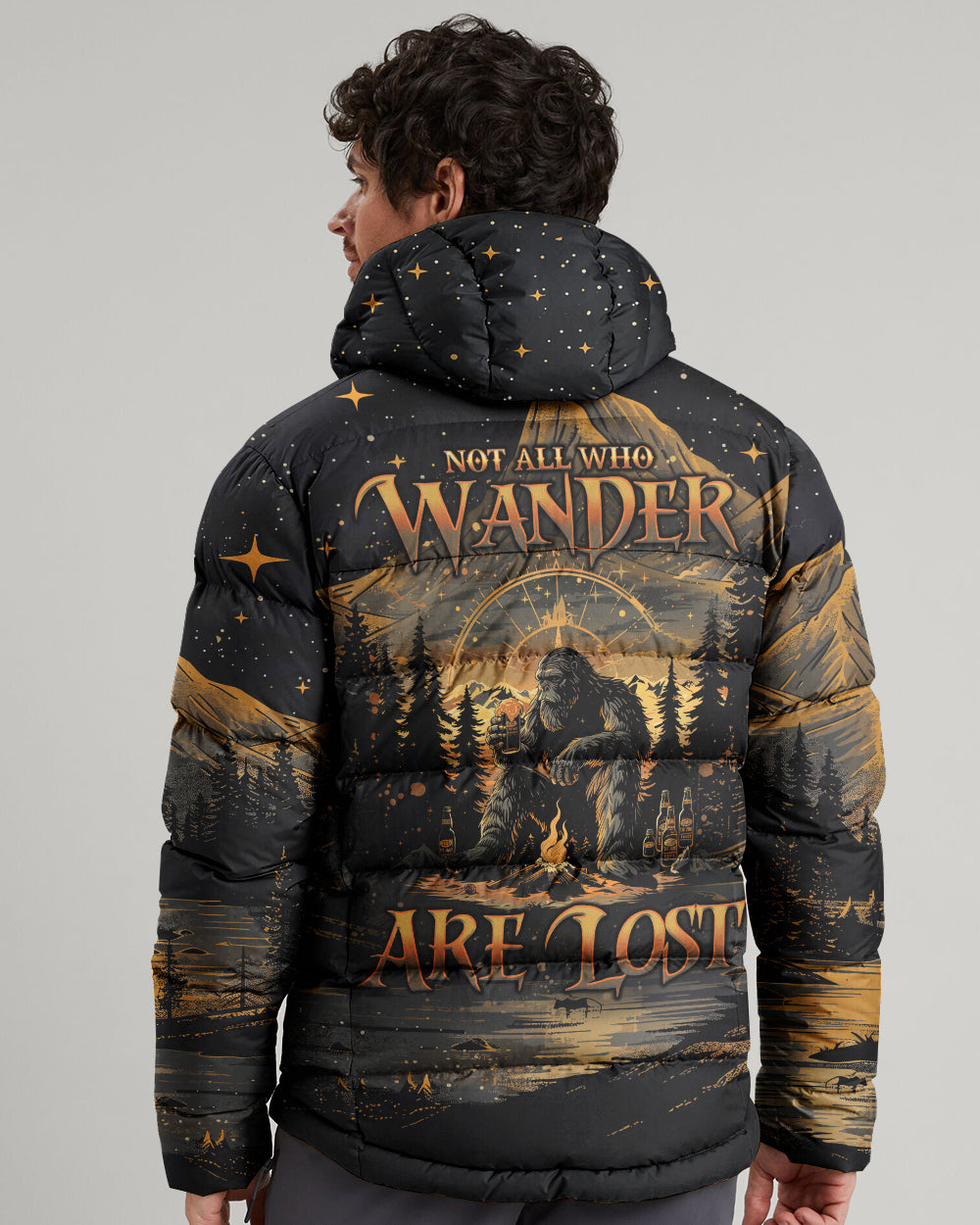 BLISSCORNERS NOT ALL WHO WANDER ARE LOST BIGFOOT COMPASS PUFFER JACKET