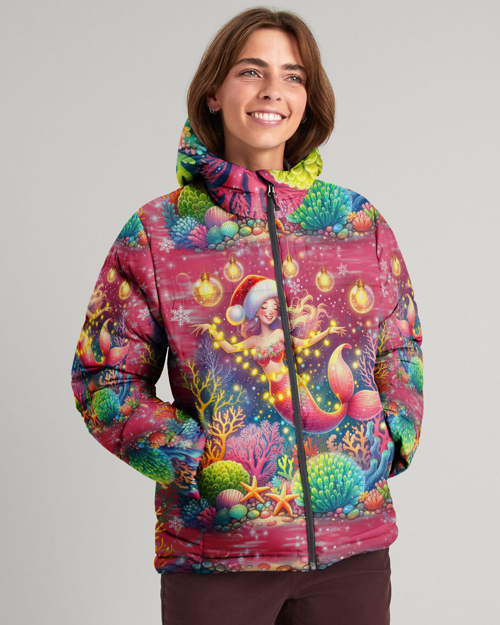 BLISSCORNERS HOLLY JOLLY MERMAID CHRISTMAS PUFFER JACKET