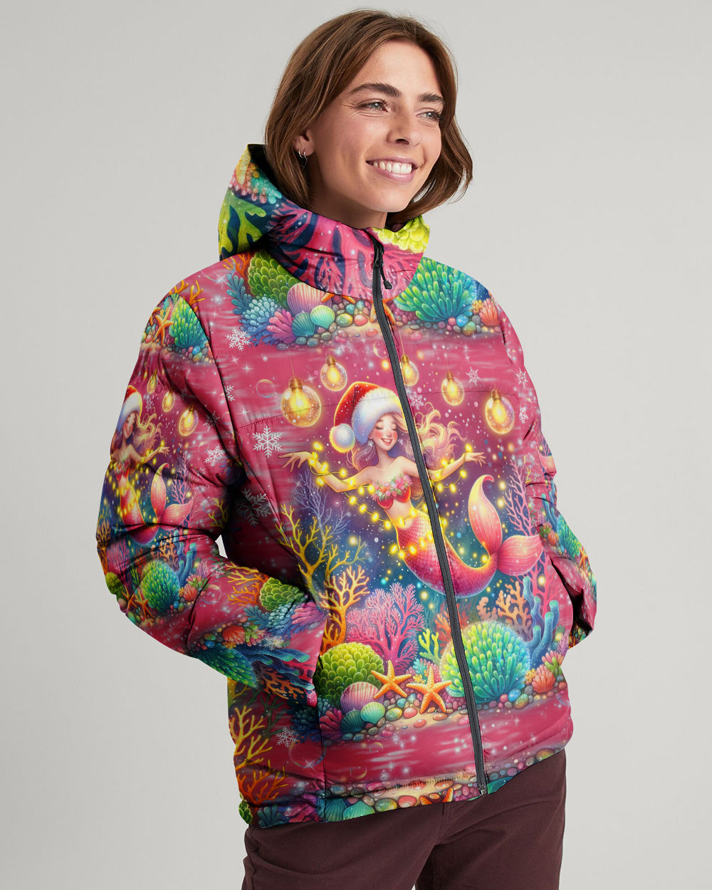 BLISSCORNERS HOLLY JOLLY MERMAID CHRISTMAS PUFFER JACKET