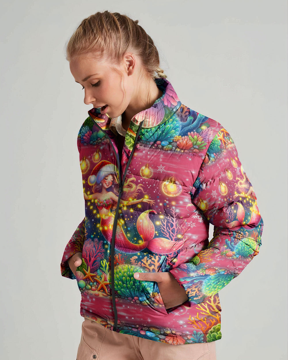 BLISSCORNERS HOLLY JOLLY MERMAID CHRISTMAS PUFFER JACKET
