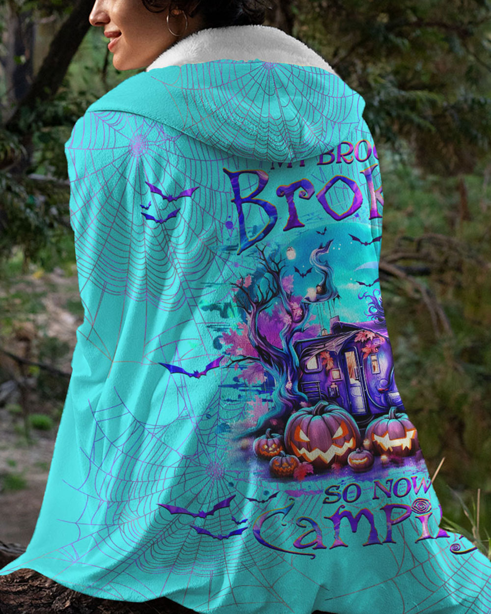 BLISSCORNERS MY BROOM BROKE SO NOW HALLOWEEN CAMPING SHERPA BLANKET HOODIE