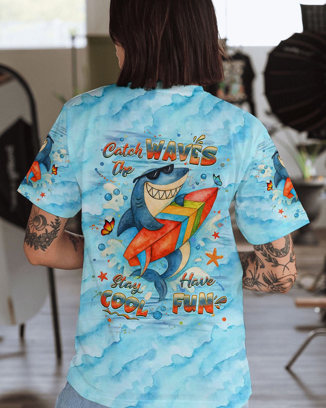 BLISSCORNERS CATCH THE WAVES STAY COOL HAVE FUN SHARK ALL OVER PRINT