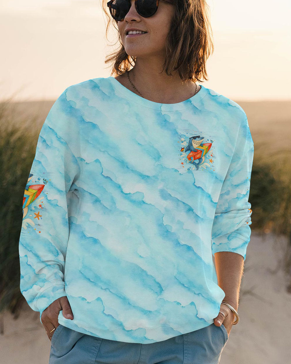 BLISSCORNERS CATCH THE WAVES STAY COOL HAVE FUN SHARK ALL OVER PRINT