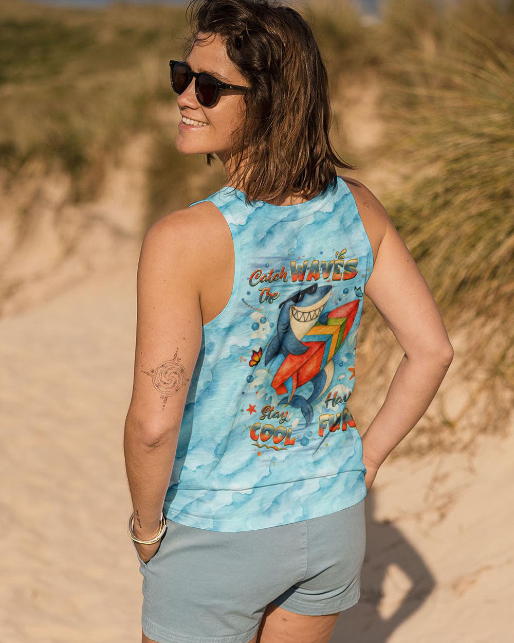 BLISSCORNERS CATCH THE WAVES STAY COOL HAVE FUN SHARK ALL OVER PRINT