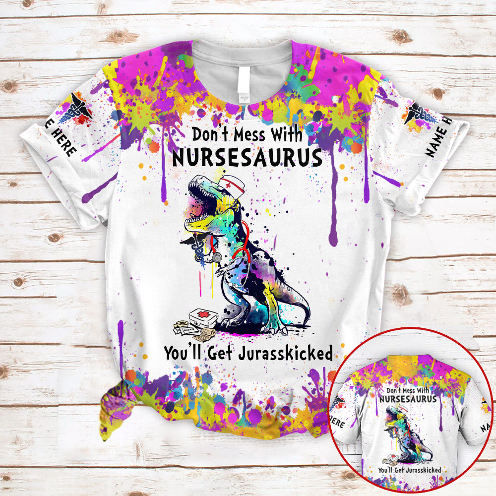 Blisscorners Personalized Shirts Nurse Don't Mess With Nursesaurus You'll Get Jurasskicked Ink Splash 3D All Over Print Shirts For Nurses