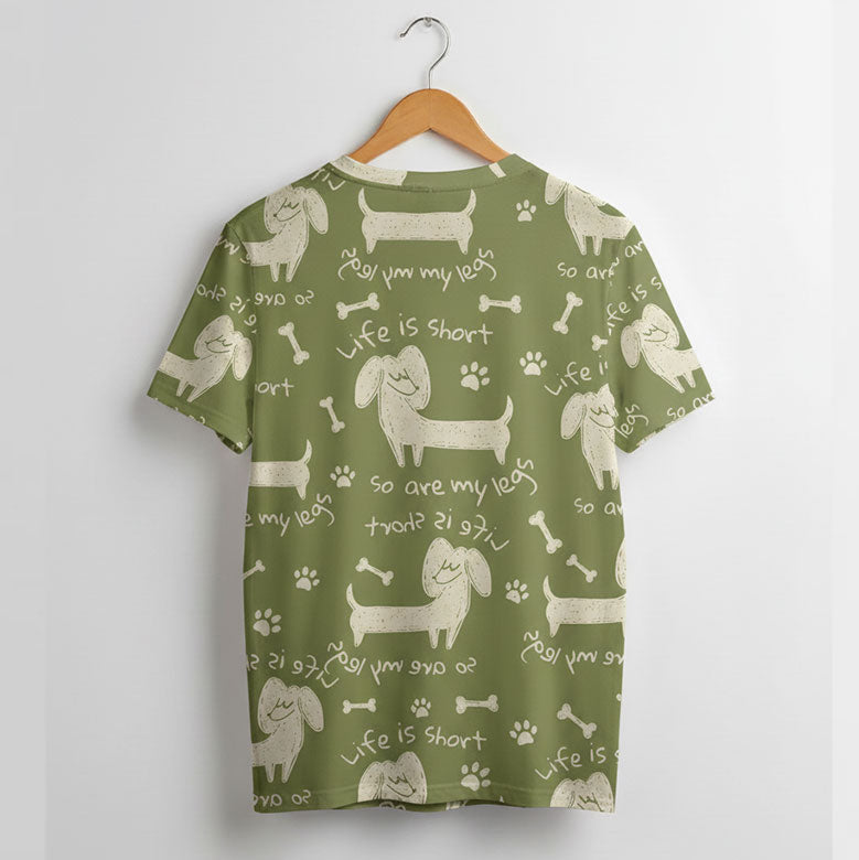 Blisscorners Unisex Dachshund AOP T-Shirt - 'Life is Short So Are My Legs' Funny Dog Lover All-Over Print Tee