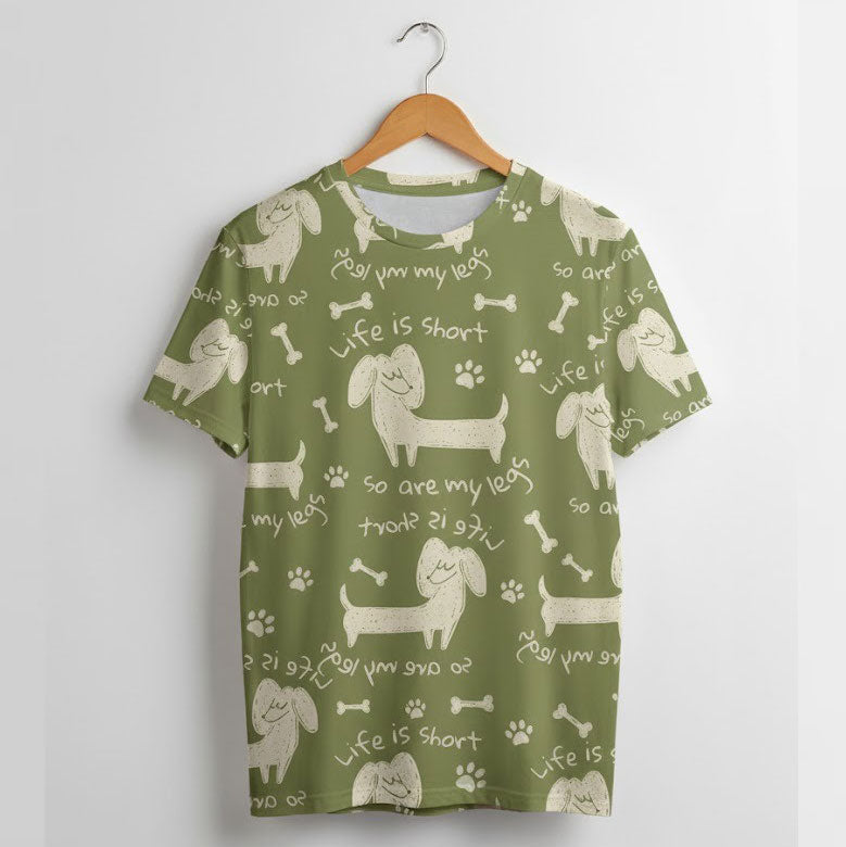 Blisscorners Unisex Dachshund AOP T-Shirt - 'Life is Short So Are My Legs' Funny Dog Lover All-Over Print Tee