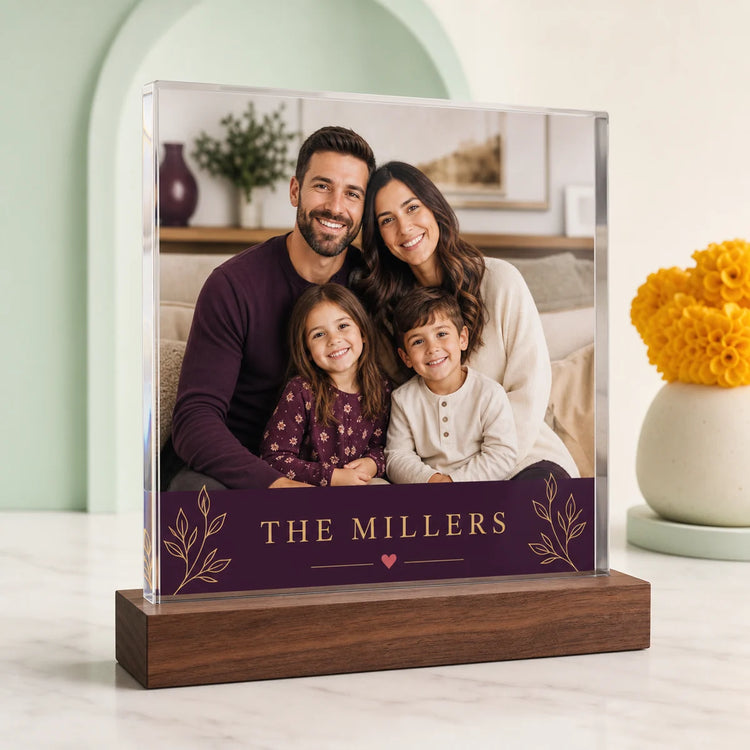 Personalized family photo acrylic plaque on a walnut base