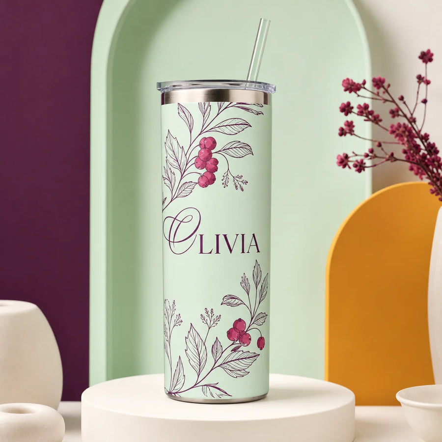 Mint personalized floral tumbler with the name Olivia