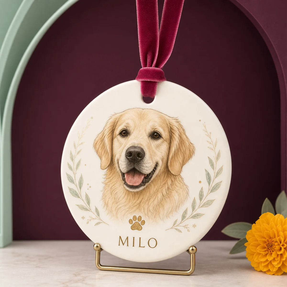 Personalized golden retriever memorial ceramic ornament