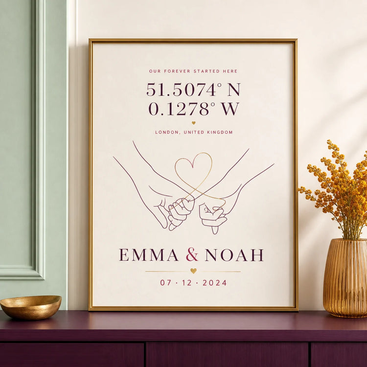 Personalized wedding coordinates wall art in a gold frame