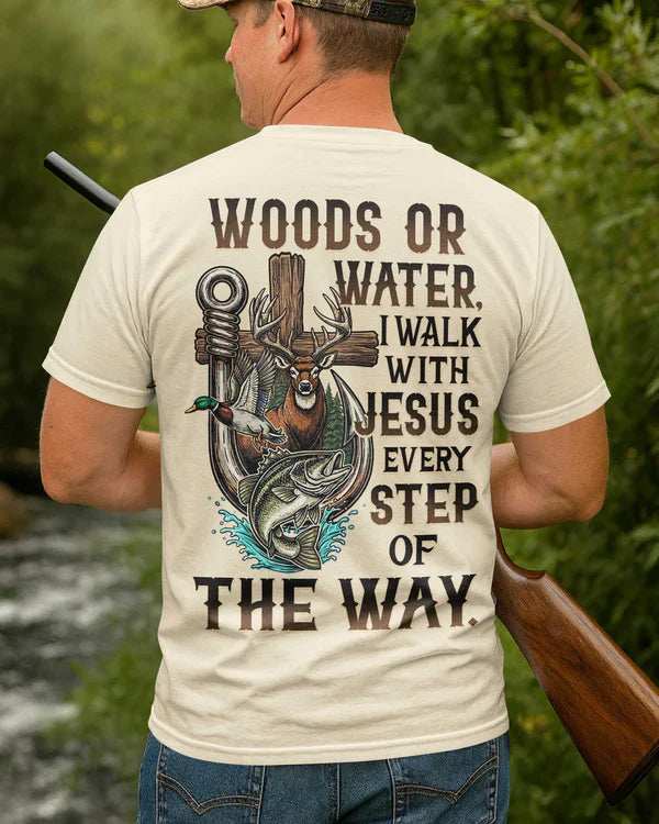 Blisscorners Woods Or Water I Walk With Jesus Shirt, Personalized Hunting 3D Shirt - Beige