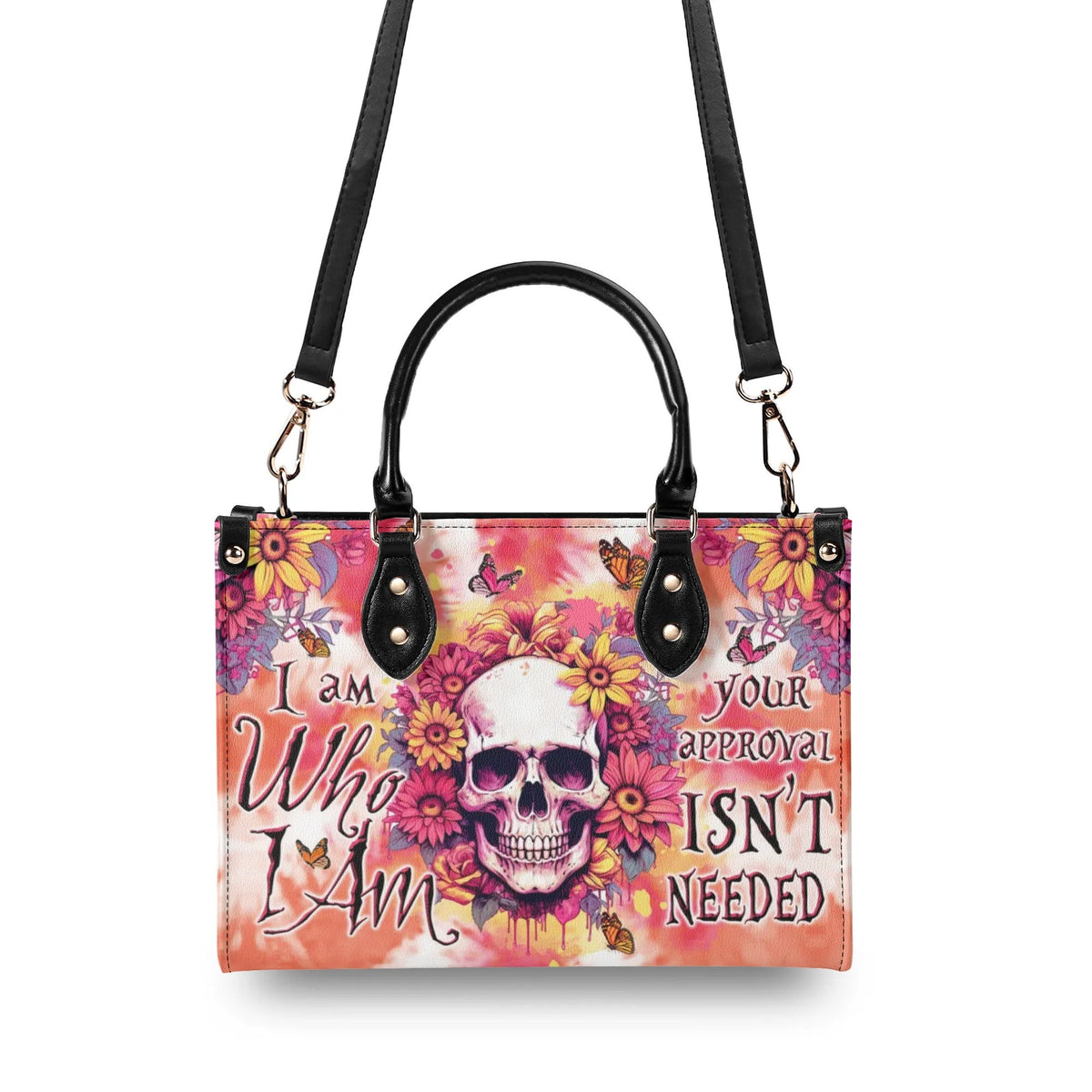 BLISSCORNERS I AM WHO I AM FLORAL SKULL TIE DYE LEATHER HANDBAG