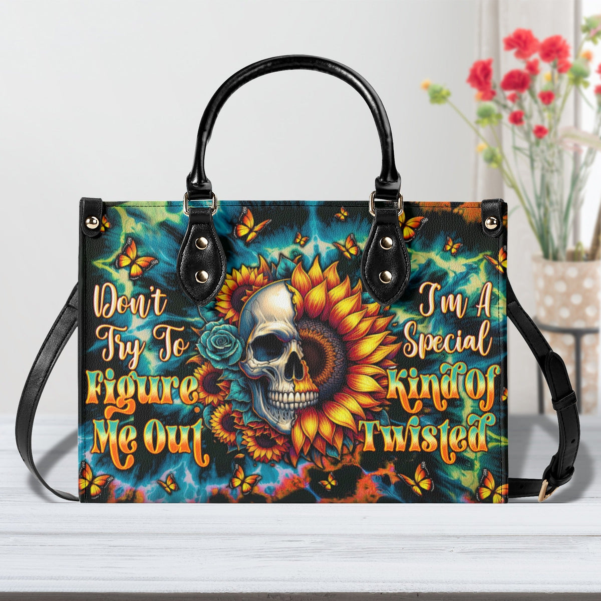 BLISSCORNERS DON'T TRY TO FIGURE ME OUT SKULL SUNFLOWER LEATHER HANDBAG
