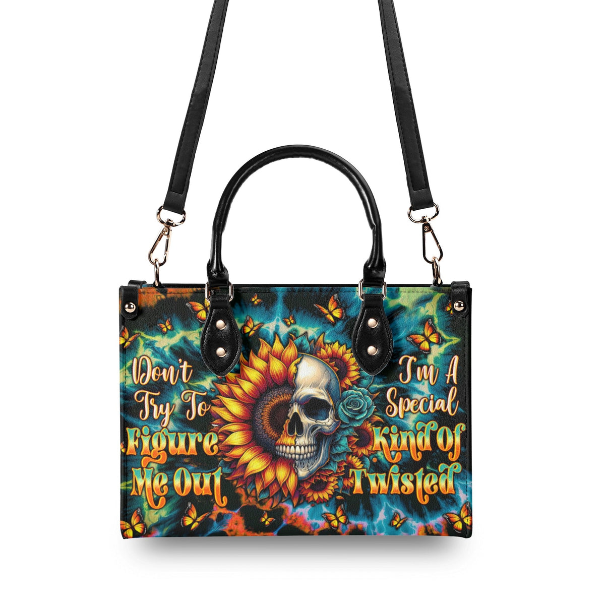 BLISSCORNERS DON'T TRY TO FIGURE ME OUT SKULL SUNFLOWER LEATHER HANDBAG