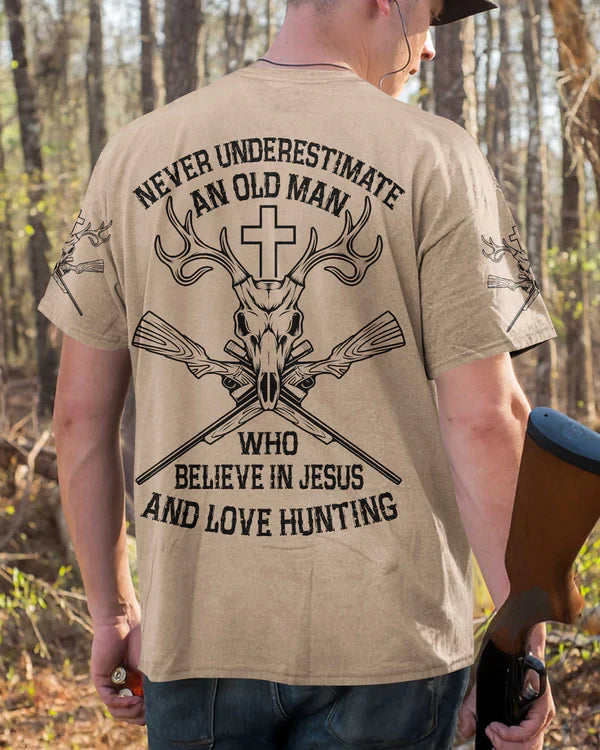 Blisscorners Never Underestimate An Old Man Who Believe In Jesus And Love Hunting Shirt, Personalized Hunting 3D Shirt - Beige