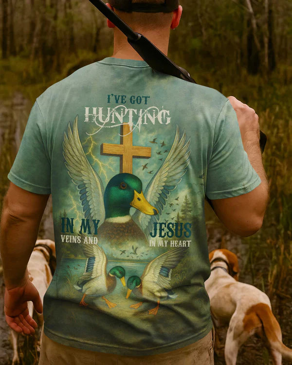 Blisscorners I've Got Hunting In My Veins And Jesus In My Heart Shirt, Personalized Hunting 3D Shirt