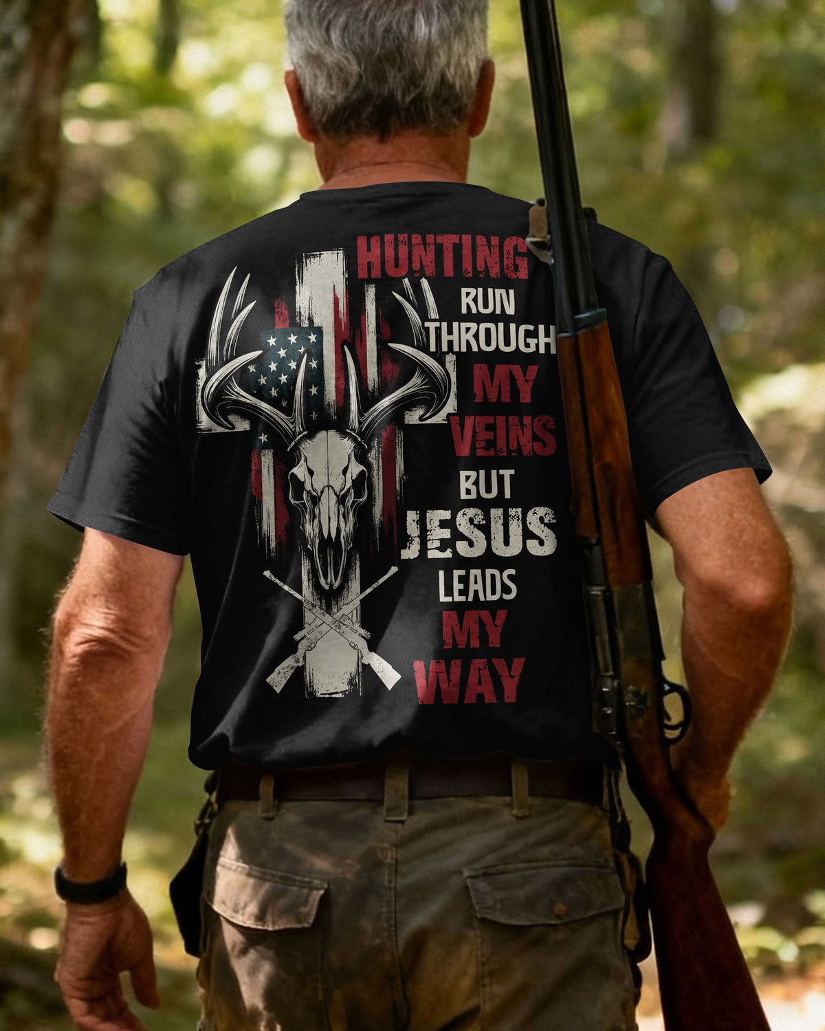 BlisscornersHunting Run Through My Veins But Jesus Leads My Way Shirt, Personalized Hunting 3D Shirt