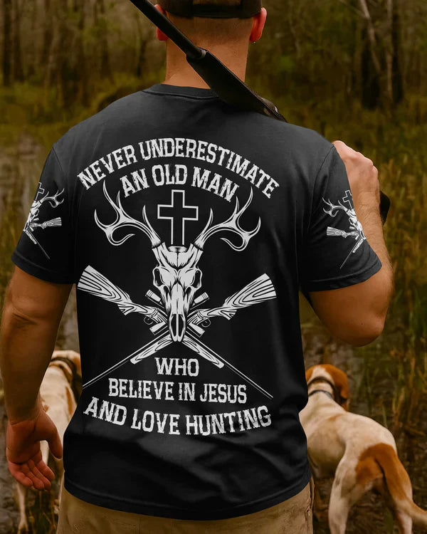 Blisscorners Never Underestimate An Old Man Who Believe In Jesus And Love Hunting Shirt, Personalized Hunting 3D Shirt - Black